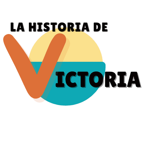 El logo de la historia de victoria. El fondo son dos semicírculos de color amarillo y azul. En grande hay una V de color naranja
